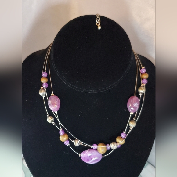 Jewelry - Vintage  Purple and Wooden Beaded Wire Strand Necklace